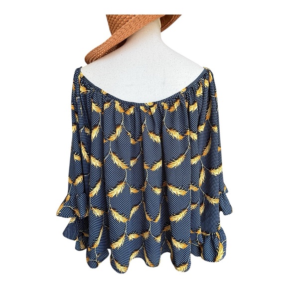NWOT Navy Off-Shoulder Top Ruffled Angel Sleeves with Yellow Feather Print Top - Picture 4 of 9